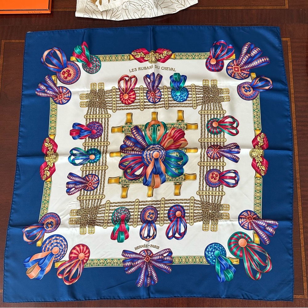 Hermes Les Rubans du Cheval Scarf - Blue, Gold, Red